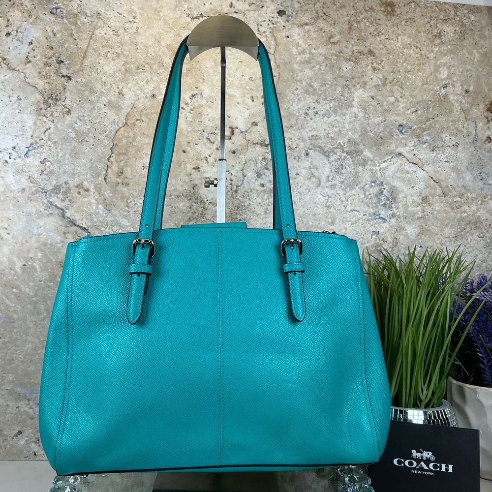 Coach Turnlock Carryall 29 Aqua Blue Teal Leather Shoulder Crossbody Satchel Bag - Picture 8 of 15